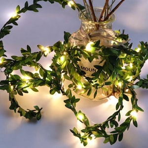 May include: A decorative garland of green leaves with small, warm white LED lights. The garland is draped around a clear glass vase with the word "MOUN" visible. The lights are evenly spaced along the garland, creating a soft glow.