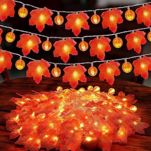 Op de afbeelding: Slinger met oranje esdoornbladeren en ronde lampjes. De lampjes zijn geregen aan een witte draad, wat een warme gloed creëert. Perfect voor herfstdecoratie.