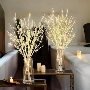May include: Two glass vases each hold a bundle of illuminated birch branches. The branches are lit with small, warm white lights, creating a soft glow. The vases sit on a dark, metallic table, with candles nearby, suggesting a cozy, decorative theme.