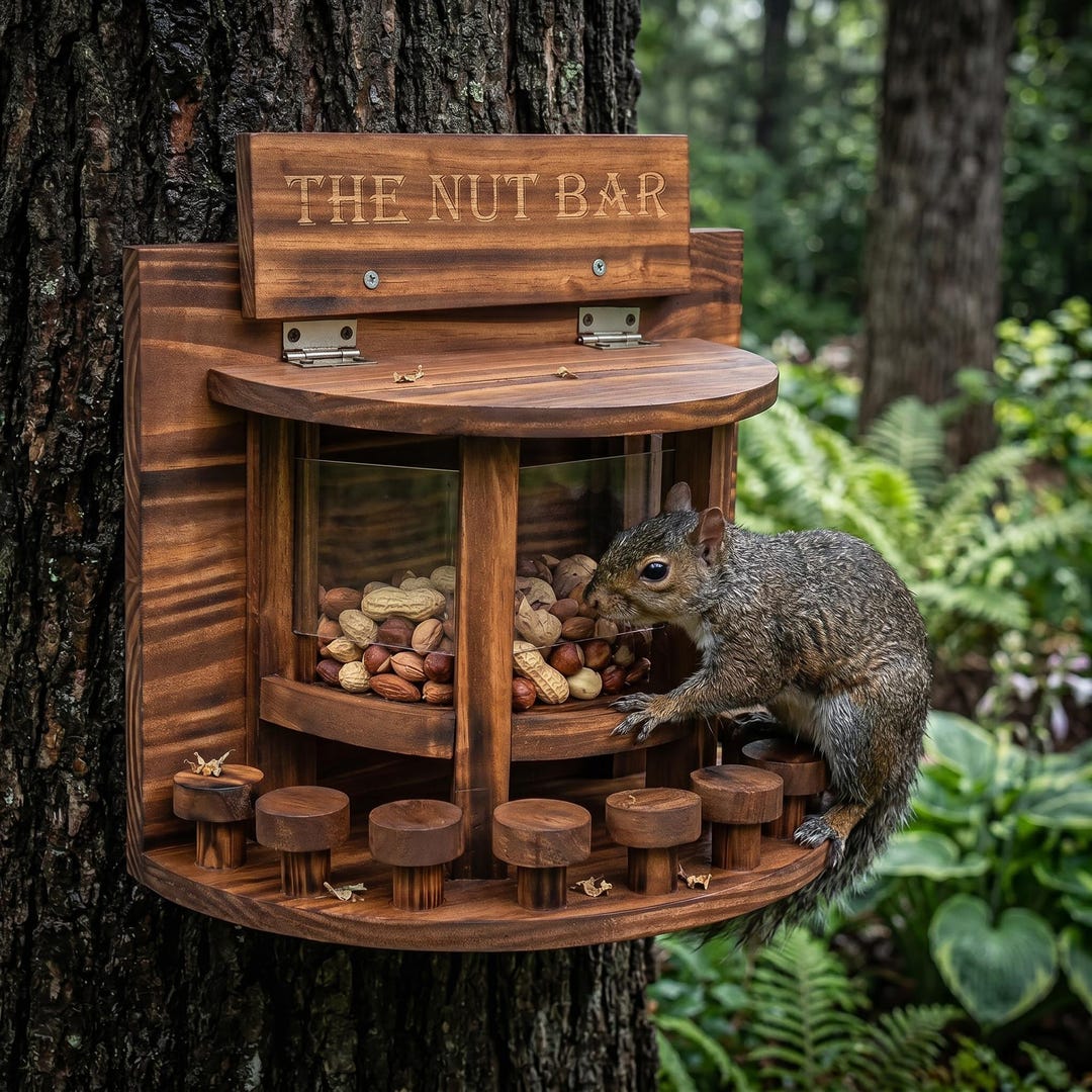 Wooden Squirrel Feeder the Nut Bar, Outdoor Backyard Wildlife Feeding ...