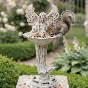 Cast Iron Angel Squirrel Feeder, Vintage Cherub Nut Bowl, Cottagecore Garden Decor, Wildlife Station