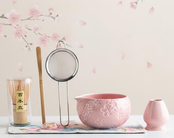 Personalized Sakura Matcha Tea Set, Pink Ceramic Bowl, Bamboo Whisk (8pcs)