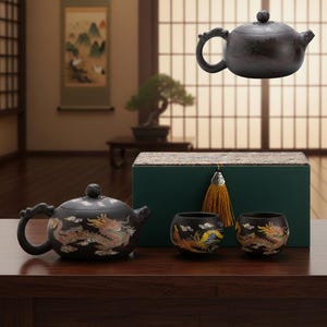 Teiera a forma di drago che cambia colore fatta a mano con teiera e tazze in ceramica nera termosensibile, set da tè cinese Kung Fu in una lussuosa confezione regalo