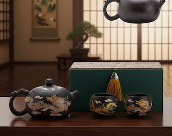 Handmade Color Changing Dragon Teapot with Heat Sensitive Ceramic Black Teapot and Cups, Chinese Kung Fu Tea Set in Luxury Gift Box