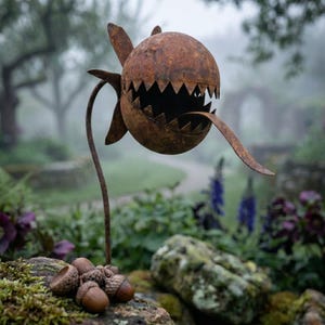 May include: A quirky, weathered metal garden ornament, shaped like a creature with a jagged mouth and a long tongue. The sculpture is mounted on a thin stem, with a collection of acorns at its base. The background is a blurred garden scene.