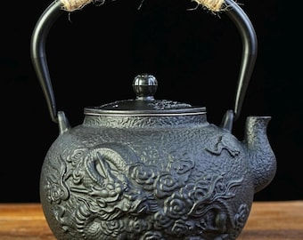 Vintage Style Cast Iron Teapot with Infuser : Japanese Dragon Kettle, Golden Brass Handle