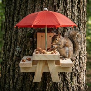 Può includere: Un tavolo da picnic in legno per scoiattoli con un ombrellone rosso attaccato a un albero. Il tavolo è pieno di noci e uno scoiattolo sta mangiando. Il tavolo è in legno chiaro.