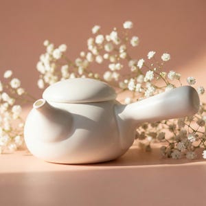 May include: A white ceramic teapot with a rounded body, a long handle, and a lid. The teapot is set against a soft pink background and surrounded by delicate white flowers. The teapot's spout is small and angled.