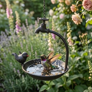 Peut inclure: Un bain d'oiseaux en métal noir avec un design de robinet, suspendu par une chaîne. Un colibri se baigne dans l'eau, avec un petit oiseau perché sur le côté. L'arrière-plan présente un jardin luxuriant avec des fleurs.
