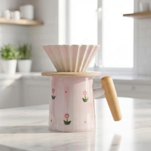 Può includere: Una caffettiera in ceramica rosa con manico in legno e filtro rosa chiaro. Il corpo è decorato con piccoli fiori rosa e foglie verdi. Il manico è in legno chiaro.