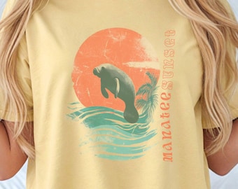 Manatee Sunset vintage travel poster T-shirt | ocean inspired style, marine biology, marine conservation shirt
