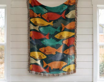 Mid-Century Fish Woven Blanket | Coastal Cabin Decor