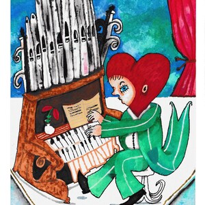 Pode incluir: Ilustração em aquarela de uma pessoa tocando um órgão. A figura usa um chapéu vermelho em forma de coração e um terno verde com listras brancas. O órgão é marrom com tubos brancos e uma partitura. Uma cortina vermelha está ao fundo.