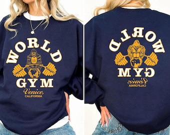 Camiseta vintage World Gym, camiseta Gorilla Fitness, sudadera de cuello redondo para entrenar, camiseta Muscle Gym, camiseta retro de los 80 para gimnasio (2 caras)