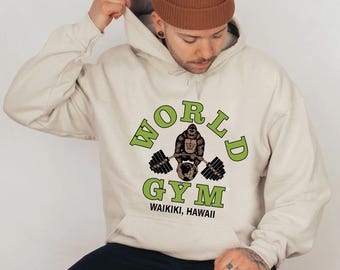 Sudadera de cuello redondo Gorilla de World Gym, camiseta de fitness Golds Gym Waikiki Hawaii