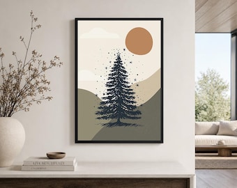 Può includere: Una stampa artistica da parete incorniciata raffigurante un albero sempreverde scuro centrato su uno sfondo di colline ondulate color beige, verde oliva e marrone chiaro. Un cerchio color terracotta rappresenta il sole con piccole stelle nere.