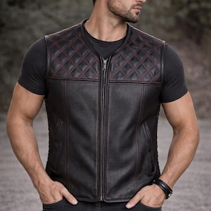 Gilet da motociclista da uomo in pelle traforata, gilet da motociclista in pelle bovina, gilet da equitazione trapuntato, retro con toppa.