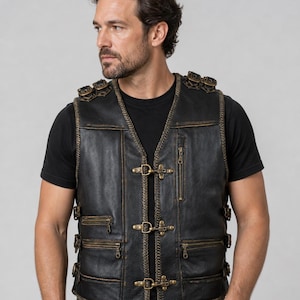 Gilet da motociclista da uomo in pelle bovina effetto invecchiato, con fibbie laterali regolabili, stile rocker.