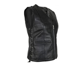 Chaleco de cuero para mujer estilo motero – Chaleco de piel de cordero auténtica con cremallera y cordones laterales.