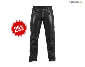 Men's Black Leather Biker Jeans – Genuine Cowhide Motorcycle Trousers with Side Lacing