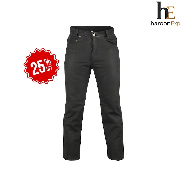 May include: Black leather pants featuring a button-fly closure, belt loops, and two front pockets with silver-toned rivets. The garment includes a red starburst graphic with the text 25% OFF and a logo with the text he haroonExp.