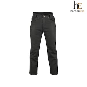May include: Solid black leather pants featuring a classic five-pocket design, a button-fly closure, and silver-toned metal rivets at the pocket corners. The trousers have a straight-leg cut with a smooth, matte finish and a structured waistband.
