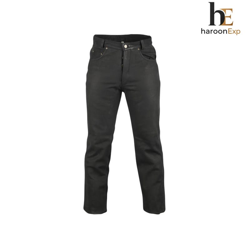 May include: Solid black leather pants featuring a classic five-pocket design, a button-fly closure, and silver-toned metal rivets at the pocket corners. The trousers have a straight-leg cut with a smooth, matte finish and a structured waistband.
