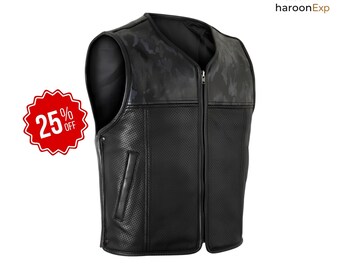 Men’s Black Camouflage Leather Vest | Handmade Motorcycle Vest Men | Biker Cowhide waistcoat | Sleeveless jacket