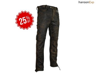 Men's Vintage Brown Leather Trousers – Distressed Biker Jeans with Side Lacing