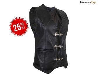 Women's Black Cowhide Leather Biker Vest – Slim Fit Waistcoat with Chrome Buckles