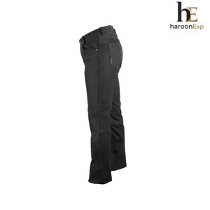 May include: A pair of solid black pants featuring a side profile view, a waistband with belt loops, a single visible back pocket, and a straight-leg cut. The logo for haroonExp is visible in the top right corner of the image, featuring the letters he.