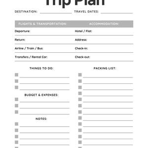 May include: A white Trip Plan template with black text. The top section includes fields for destination and travel dates. Sections for flights, accommodation, things to do, budget, notes, and packing list are included.