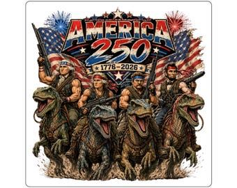 Pegatina cuadrada con la imagen de los 250 presidentes patrióticos de Estados Unidos montando dinosaurios (1776-2026).