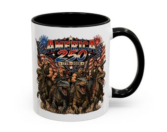 Taza de café con diseño de dinosaurio patriótico del 250 aniversario de Estados Unidos / Taza de café Accent de 11 oz y 15 oz