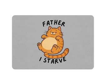 Tapete divertido para mascotas Chubby Cat 'Father I Starve' 100 % poliéster