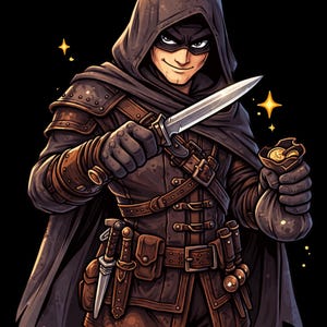May include: Digital illustration of a hooded rogue, holding a dagger and a bag of gold coins. The character is dressed in a leather outfit with pouches and belts. The background is black with golden star accents. The rogue wears a mask and gloves.