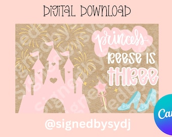 Può includere: Grafica digitale di compleanno con un castello rosa, fuochi d'artificio e il testo "princess reese is three". Include una bacchetta magica e scarpe di cristallo blu. Il logo Canva è in basso a destra.