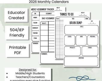 Middle School Planner Printable PDF | Assignment Tracker + Homework Planner | Executive Function Student Planner | 2026 Monthly Calendars