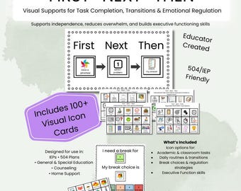 Prima, poi, programma visivo / Supporti visivi per le funzioni esecutive / Oltre 100 schede icone / Opzioni di pausa / Strumento IEP e 504