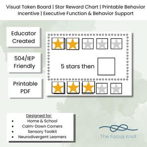 以下が含まれることがあります： 金色の星と灰色の星の輪郭が描かれた白いビジュアルトークンボード。「Educator Created」、「504/IEP Friendly」、「Printable PDF」の文字が含まれています。家庭や学校での使用、落ち着きのコーナー、感覚ツールキット、神経多様性のある学習者向けに設計されています。