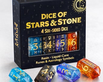 Dice of Stars & Stone – Premium Liquid-Core D6 Resin Dice Set (4 Six-Sided Dice + Velvet Bag)