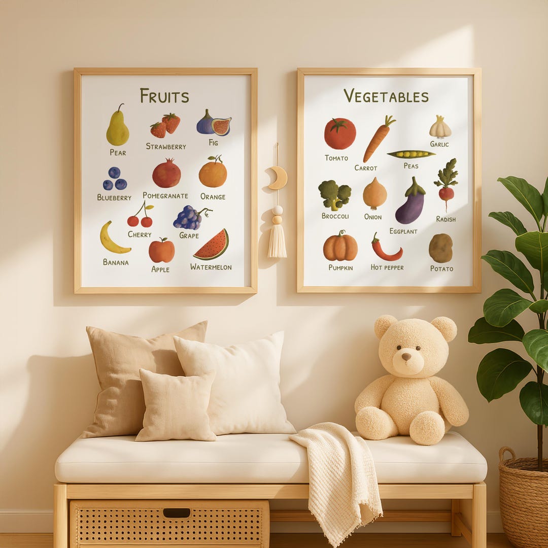 Fruits and Vegetables Montessori Poster Bundle, Educational Hand-drawn ...