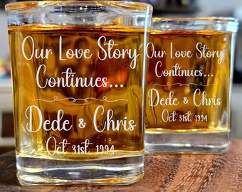 Engraved Wedding Shot Glasses, "Our Love Story Continues" Favors