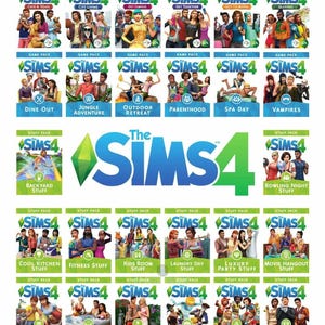 May include: A collection of The Sims 4 game expansion, game, and stuff pack covers arranged in a grid. Each rectangular cover features the game logo, a unique title, and colourful character illustrations representing the specific theme of each pack.