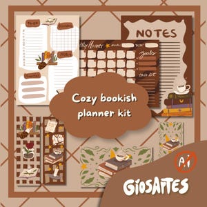 May include: A cozy bookish planner kit with a brown and cream color scheme. The kit includes to-do lists, calendars, notes pages, and a monthly planner. Decorative elements include stacks of books, coffee cups, and floral accents.