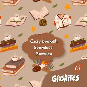 Pode incluir: Padrão sem costura com ilustrações de livros, xícaras de café, suéteres e estrelas. O texto "Cozy bookish Seamless Pattern" está em uma nuvem marrom. O design tem uma estética acolhedora e convidativa, ideal para amantes de livros.