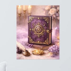 May include: A decorative poster featuring a purple book with gold accents and a star emblem. The book is surrounded by candles, a feather quill, and other mystical items. The overall theme is fantasy and magic.