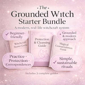 Pode incluir: Um conjunto de três guias intitulado "The Grounded Witch Starter Bundle". Os livros são de cor clara com títulos como "Protection & Cleansing Guide" e "Magical Correspondences Guide". A imagem inclui texto que diz "Beginner-friendly" e "Simple, sustainable rituals".