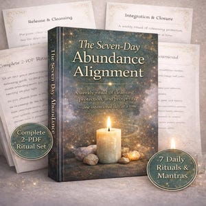 May include: A book titled "The Seven-Day Abundance Alignment" with a candle and stones on the cover. The book is accompanied by printed ritual guides and a circular badge that reads "7 Daily Rituals & Mantras". The book's subtitle is "A weekly ritual of cleansing, protection, and prosperity".