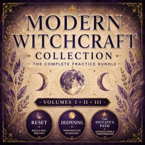 May include: A decorative image with the text "MODERN WITCHCRAFT COLLECTION" and "THE COMPLETE PRACTICE BUNDLE". The image features celestial elements like moons and a full moon, with three circular icons labeled "RESET", "DEEPENING", and "THE INITIATE'S PATH". The color scheme is primarily purple and gold.